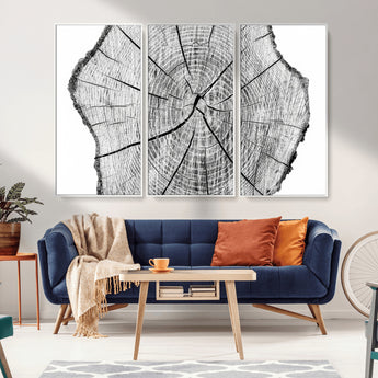 98709-MGV-FC-48X32-3P_White-Tree Ring Wall Art – Black and White Canvas Print Rustic Wood Cross Section, Minimal Nature Inspired Decor for Living Room,