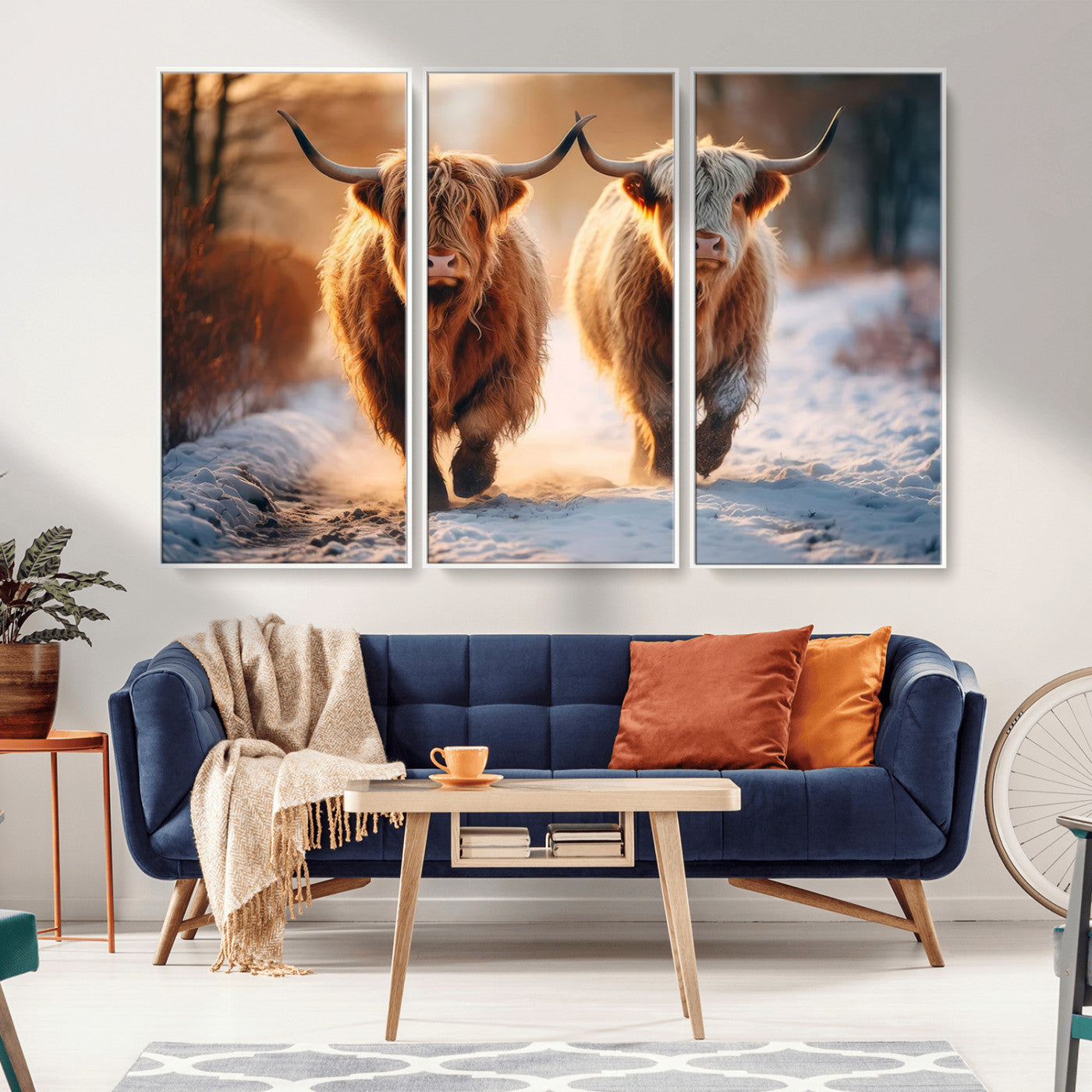 94810-MGV-CV-36X24-Highland Cow Wall Art – Rustic Canvas Print Two Cattle Snow Path Sunset, Farmhouse Country Decor for Living Room, Bedroom, Office,