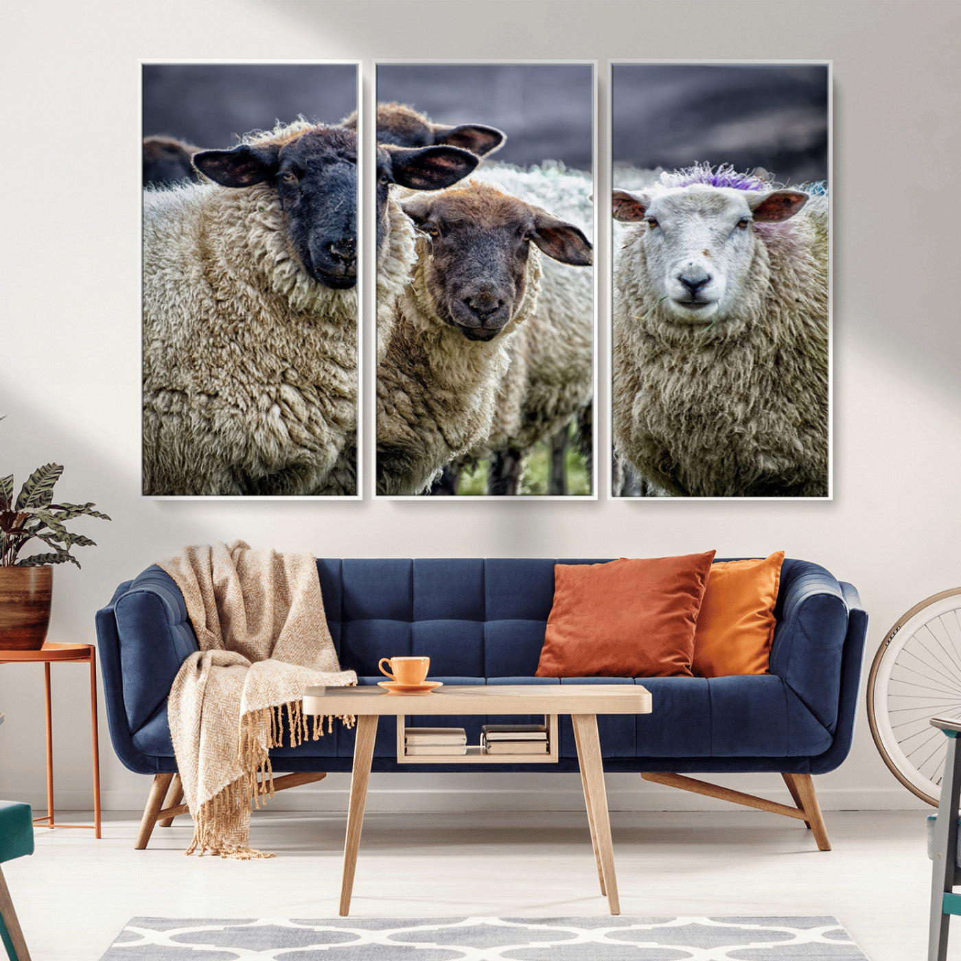 18418-MGV-FC-48X32-3P_White-Sheep Wall Art Canvas Print, Framed Farmhouse Sheep Art Picture Print, Sheep Herd Perfect Rustic Farmhouse Decor Artwork
