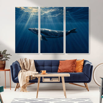 18052-MGV-FC-48X32-3P_White-Whale Wall Art – Majestic Ocean Canvas Print Marine Life Underwater Sunlight Scene, Nautical Coastal Decor for Living Room,