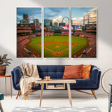 91908-MGV-FC-48X32-3P_White-Baseball Stadium Wall Art – Canvas Print Game Day Field City Skyline Iconic Arch Scene Sports Photography, Decor for Game Room,