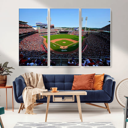 90998-MGV-CV-36X24-Baseball Stadium Wall Art – Canvas Print Day Game Field Packed Crowd Bright Blue Sky Sports Photography, Classic Decor for Game