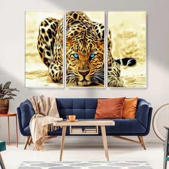 45281-MGV-FC-48X32-3P_White-Blue Eye Leopard Wall Art Canvas Print, Framed Leopard Painting Art Picture Print, Big Cat Perfect Safari Wildlife Decor Artwork