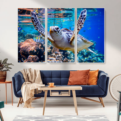 12683-MGV-CV-36X24-Sea Turtle Wall Art – Graceful Ocean Canvas Print with Coral Reef and Tropical Fish, Coastal Marine Life Decor for Beach House,