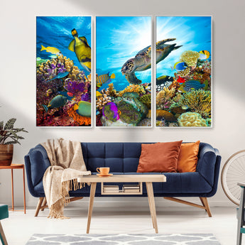 44772-MGV-CV-36X24-Underwater Sea Turtle Wall Art – Vibrant Coral Reef and Tropical Fish Canvas Print, Ocean Marine Life Decor for Living Room,