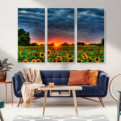 45045-MGV-CV-36X24-Sunflower Field Sunset Wall Art – Dramatic Stormy Sky Landscape Print, Vibrant Yellow Floral Nature Canvas for Living Room,