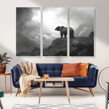 49504-MGV-CV-36X24-Black and White Grizzly Bear Wall Art – Wilderness Wildlife Painting, Rustic Mountain Cabin Decor, Monochrome Animal Print for