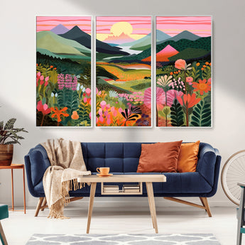 99638-MGV-CV-36X24-Sunset Meadow Wall Art – Panoramic Mountain Landscape with Wildflowers Canvas Print, Vibrant Nature Decor for Living Room, Bedroom