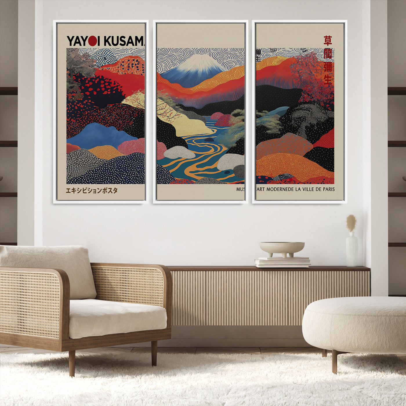 49228-MGV-FC-93X47-3P_Black-Kusama Wall Art – Vibrant Japanese Landscape Canvas Print, Modern Abstract Mountain and River Decor for Living Room, Office or Art