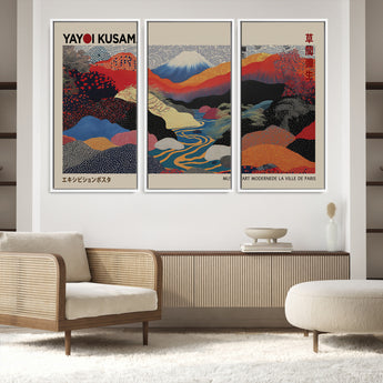 49228-MGV-FC-93X47-3P_Black-Kusama Wall Art – Vibrant Japanese Landscape Canvas Print, Modern Abstract Mountain and River Decor for Living Room, Office or Art