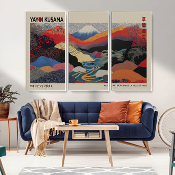 49228-MGV-FC-93X47-3P_Black-Kusama Wall Art – Vibrant Japanese Landscape Canvas Print, Modern Abstract Mountain and River Decor for Living Room, Office or Art
