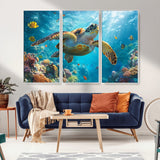 37623-MGV-CV-36X24-Sea Turtle Wall Art – Underwater Ocean Canvas Print with Coral Reef and Tropical Fish, Marine Life Painting Poster for Living