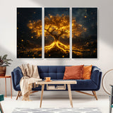 60194-MGV-CV-36X24-Glowing Tree Wall Art – Golden Roots Fantasy Canvas Print, Mystical Illuminated Tree Painting Poster for Living Room, Bedroom,