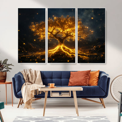 60194-MGV-CV-36X24-Glowing Tree Wall Art – Golden Roots Fantasy Canvas Print, Mystical Illuminated Tree Painting Poster for Living Room, Bedroom,