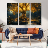 92739-MGV-CV-36X24-Glowing Tree Wall Art – Enchanted Golden Forest Canvas Print, Mystical Illuminated Nature Painting Poster for Living Room,