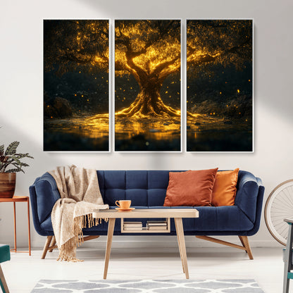 59580-MGV-CV-36X24-Glowing Tree Wall Art – Golden Fantasy Nature Canvas Print, Mystical Illuminated Tree Painting Poster for Living Room, Bedroom,