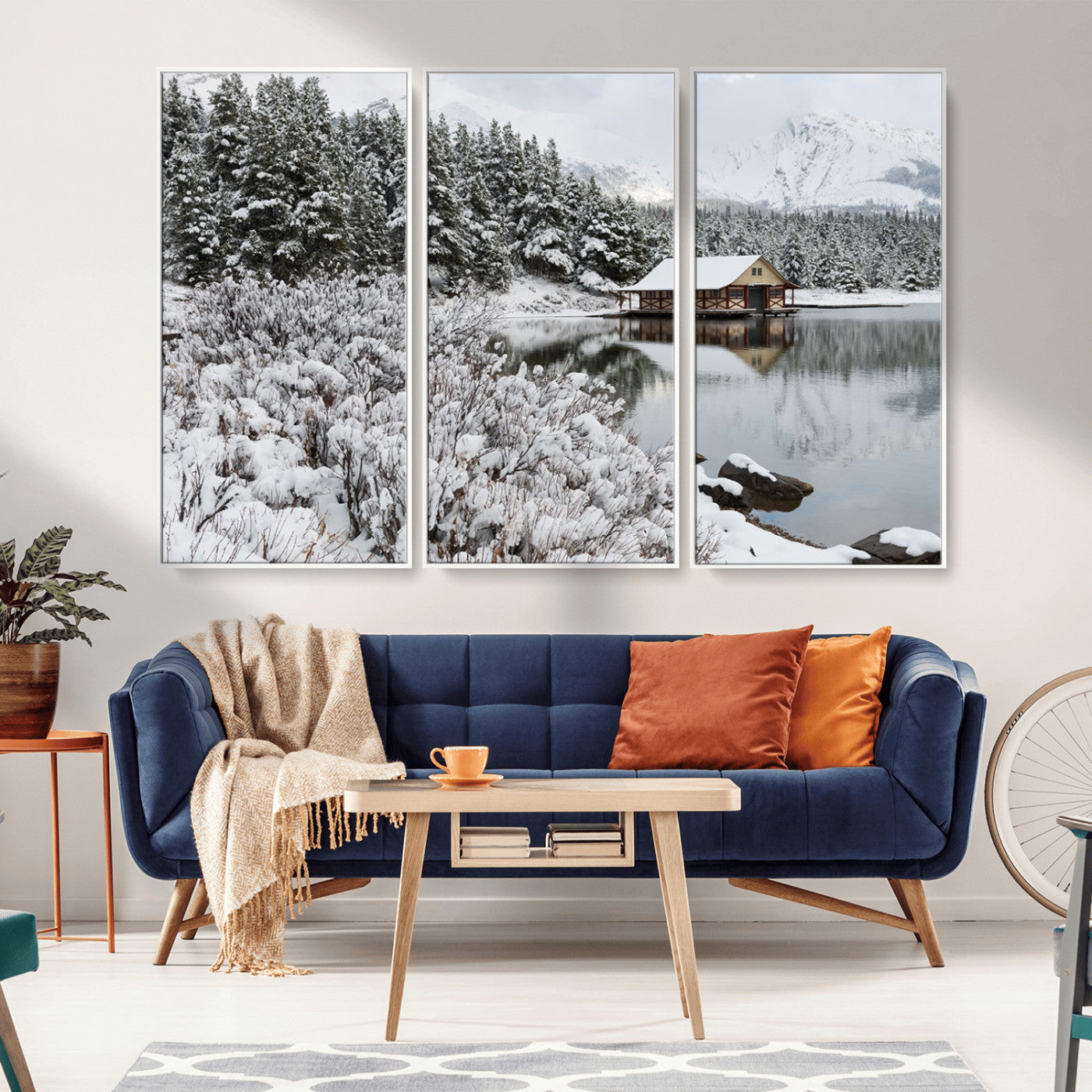 94285-MGV-FC-48X32-3P_White-Snowy Cabin Wall Art Canvas Print, Framed Winter Cabin Art Picture Print, Mountain Lake Perfect Snowy Nature Decor Artwork