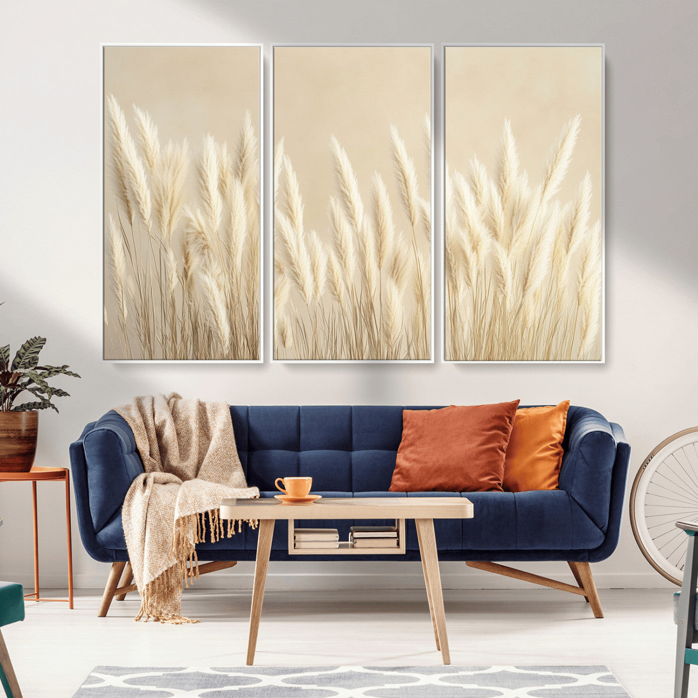 81444-MGV-FC-48X32-3P_White-Pampas Grass Wall Art Canvas Print, Framed Beige Pampas Grass Art Picture Print, Minimalist Beige Perfect Minimalist Nature Decor
