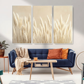 81444-MGV-FC-48X32-3P_White-Pampas Grass Wall Art Canvas Print, Framed Beige Pampas Grass Art Picture Print, Minimalist Beige Perfect Minimalist Nature Decor