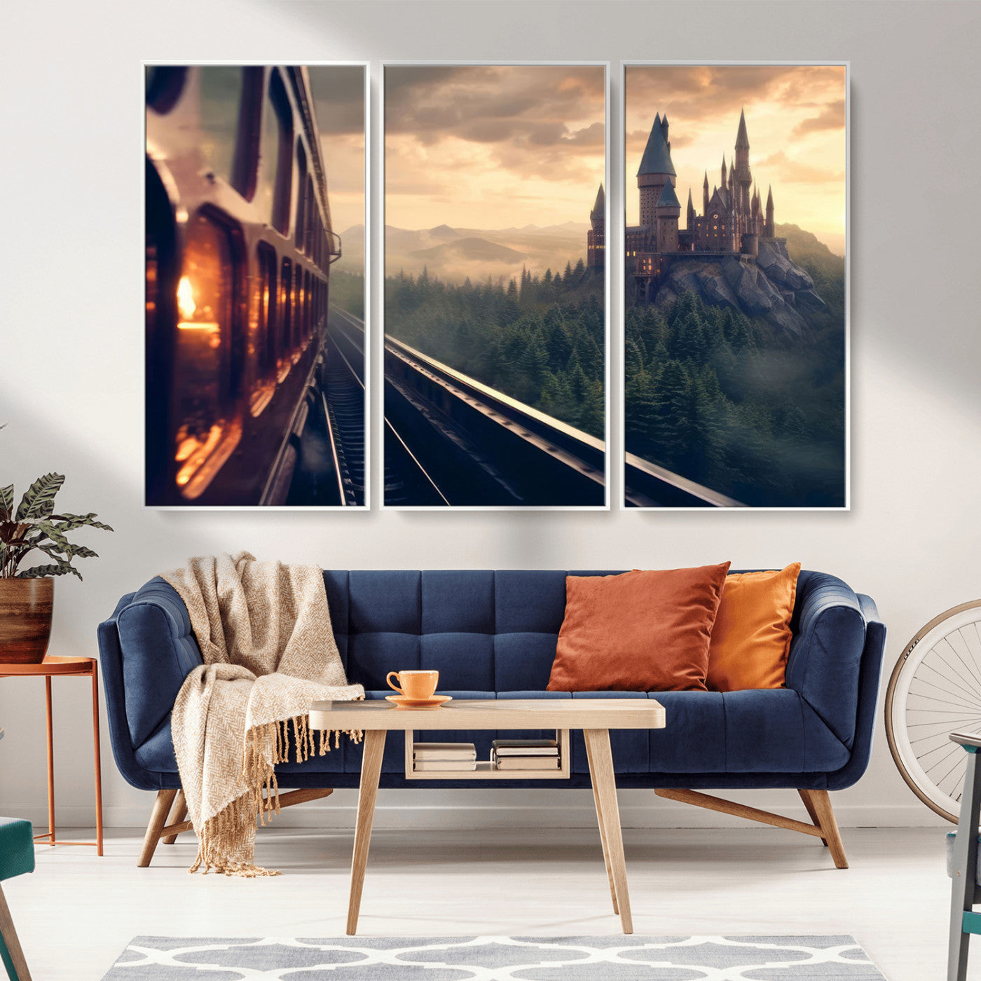 84029-MGV-FC-48X32-3P_White-Fantasy Castle Wall Art – Magical Train Sunset Forest Canvas Print, Enchanted Landscape Painting Poster for Living Room, Bedroom,