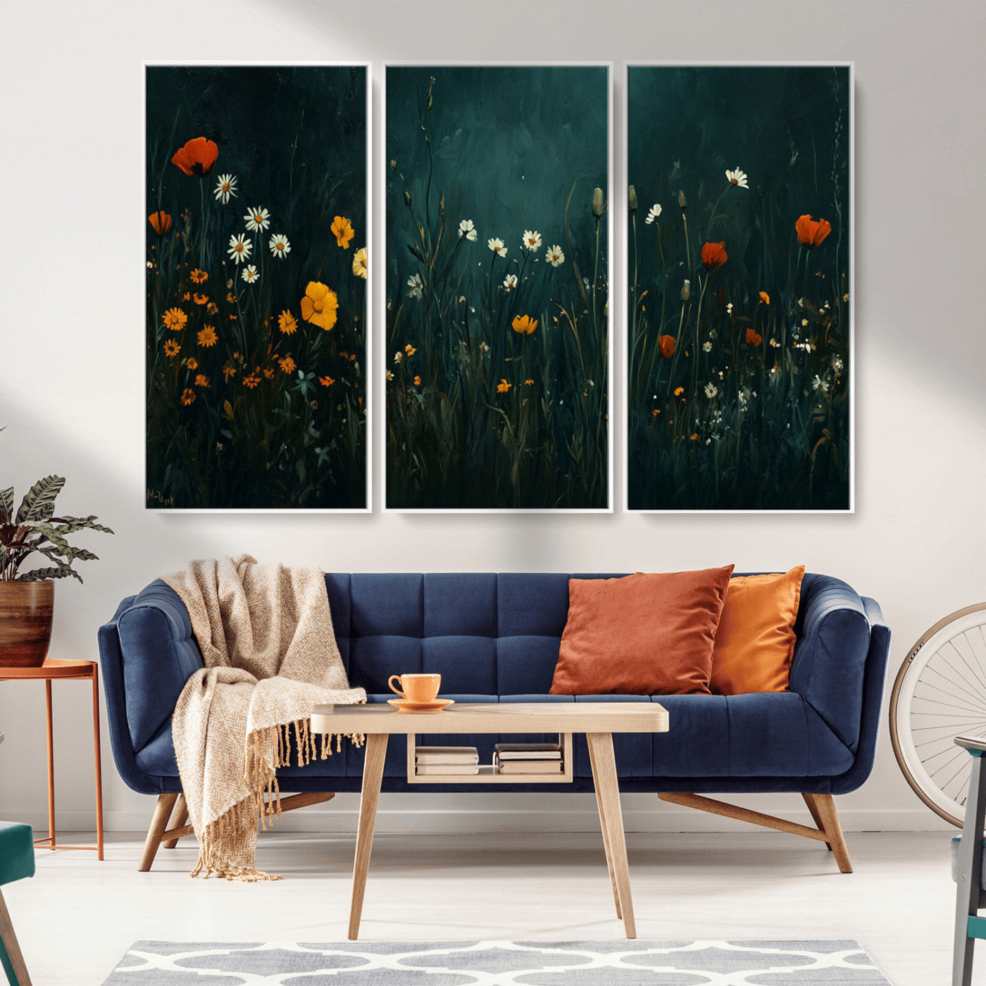 87037-MGV-FC-48X32-3P_White-Wildflower Wall Art – Dark Botanical Floral Canvas Print, Modern Nature Painting Poster with Daisies Poppies Orange Flowers for