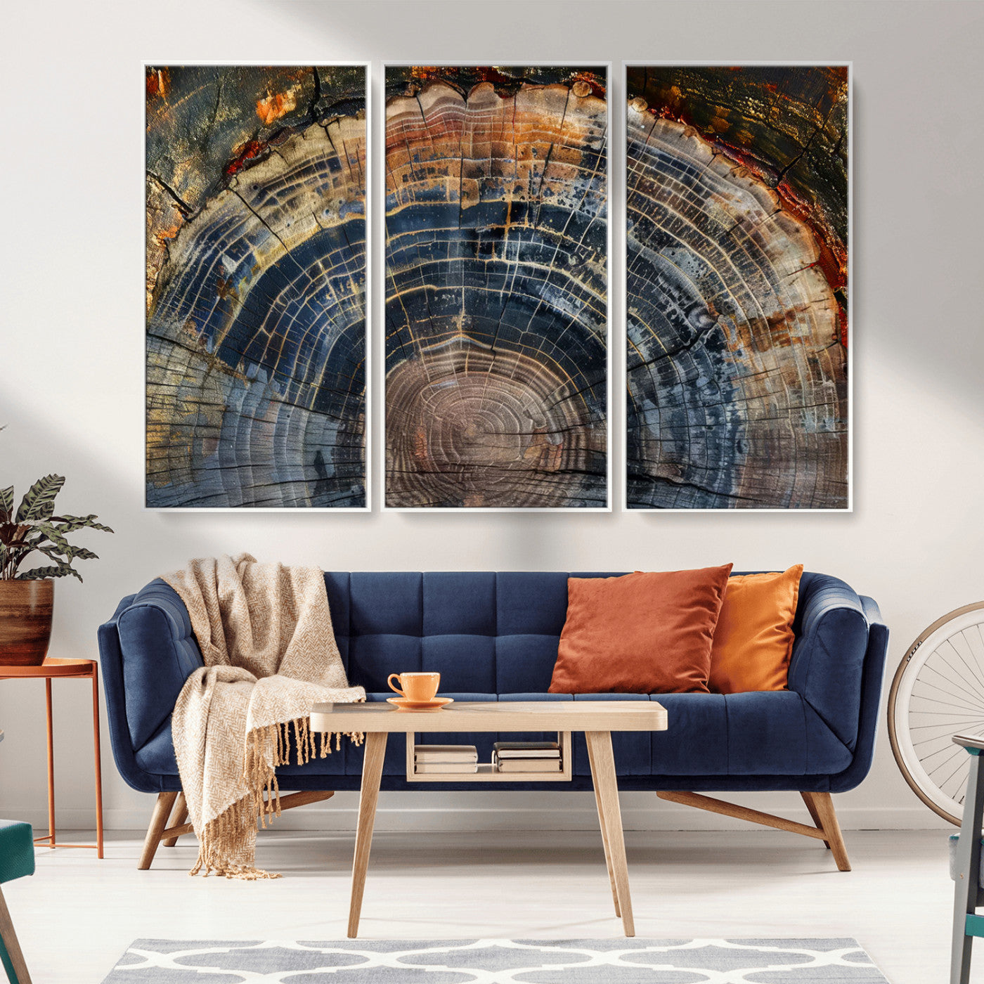 16193-MGV-FC-48X32-3P_White-Tree Ring Wall Art – Abstract Wood Grain Canvas Print, Rustic Nature Texture Artwork Poster for Living Room, Bedroom, Office,