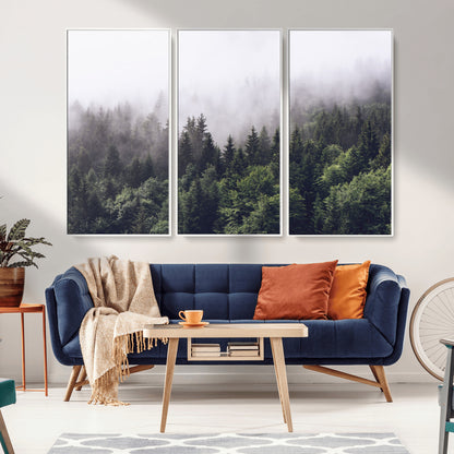 42578900-MGV-FC-48X32-3P_White-Misty Forest Wall Art – Serene Mountain Pine Tree Canvas Print, Nature Landscape Decor for Bedroom, Living Room, Office or Rustic