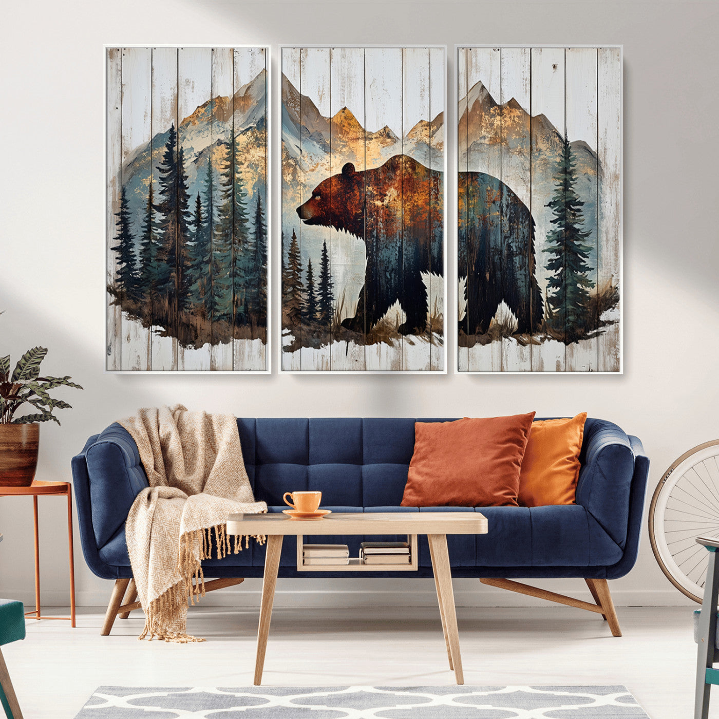 55777-MGV-FC-48X32-3P_White-Rustic Bear Wall Art Canvas Print, Framed Mountain and Forest Art Picture Print, Wooden Bear Perfect Rustic Lodge Decor Artwork