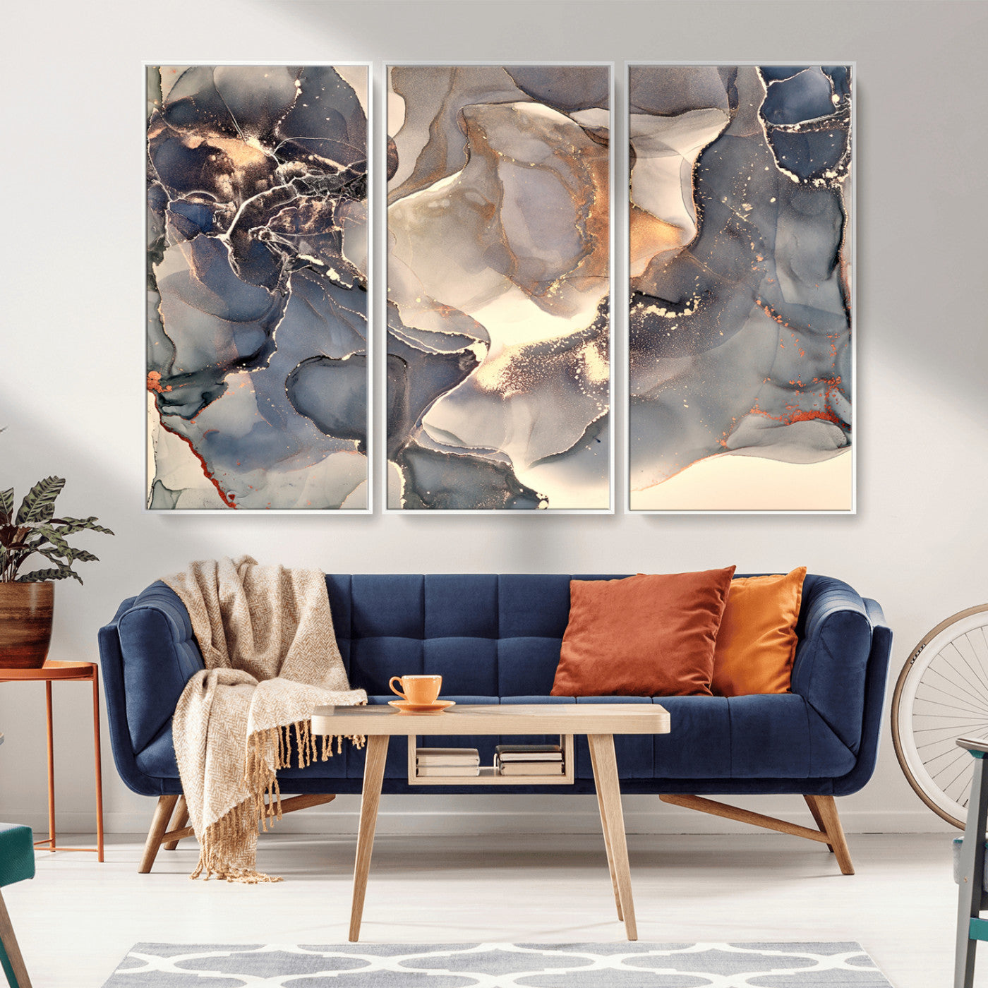 18202-MGV-CV-36X24-Abstract Neutral Wall Art – Blue, Beige and Gold Fluid Ink Canvas Print, Modern Minimalist Painting for Living Room, Office