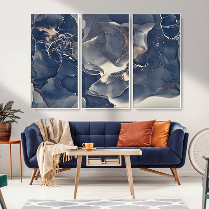 28282-MGV-FC-48X32-3P_White-Blue Abstract Wall Art – Modern Ink Swirl Canvas Print, Contemporary Navy and Gold Painting for Living Room, Bedroom, Office or