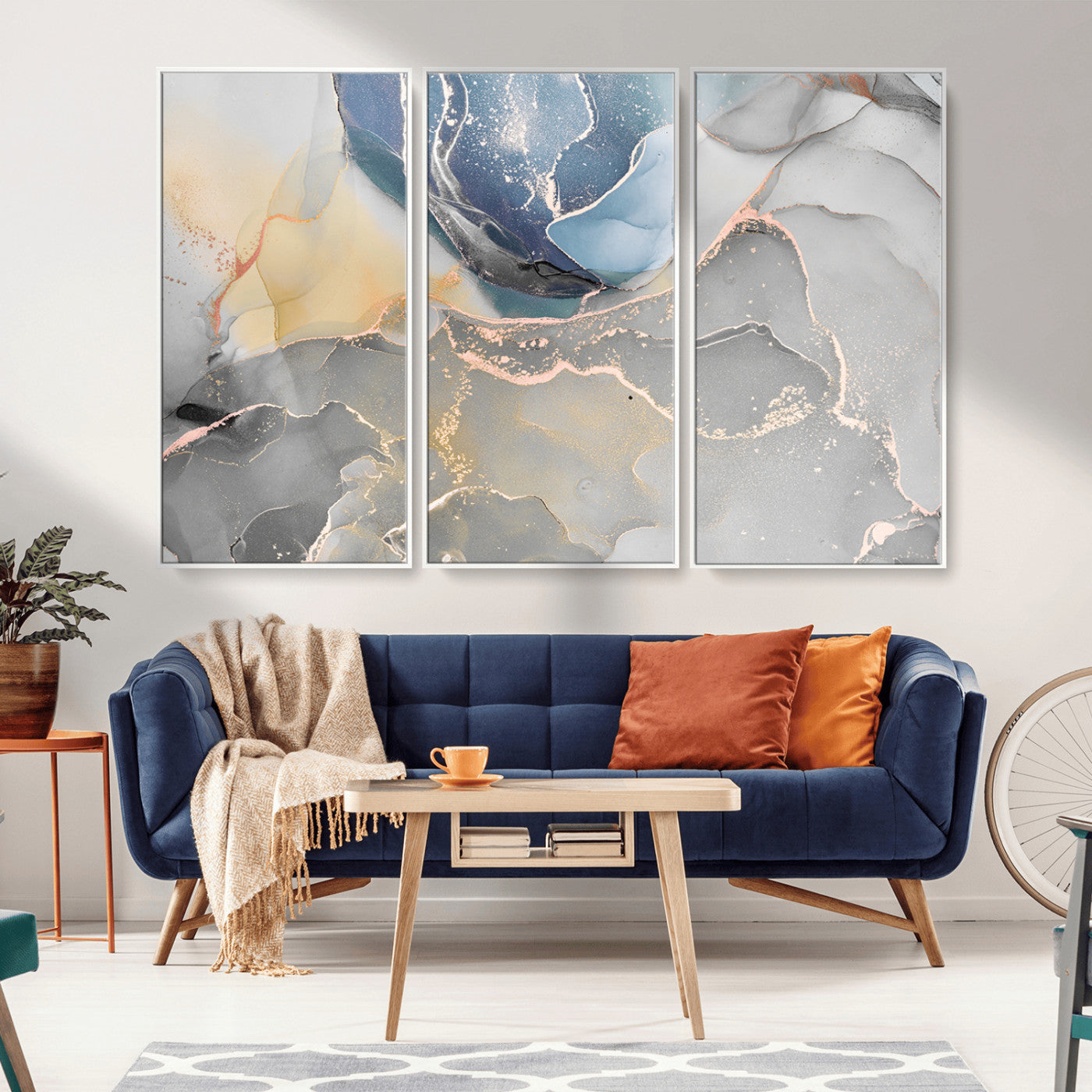 18176-MGV-CV-36X24-Abstract Fluid Wall Art – Modern Marble Ink Canvas Print with Blue, Gold, and Gray Tones, Contemporary Minimal Artwork Decor for