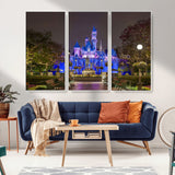 63560-MGV-FC-48X32-3P_White-Fairy Tale Castle Wall Art – Magical Night Scene Canvas Print with Lights and Gardens, Fantasy Architecture Artwork for Living