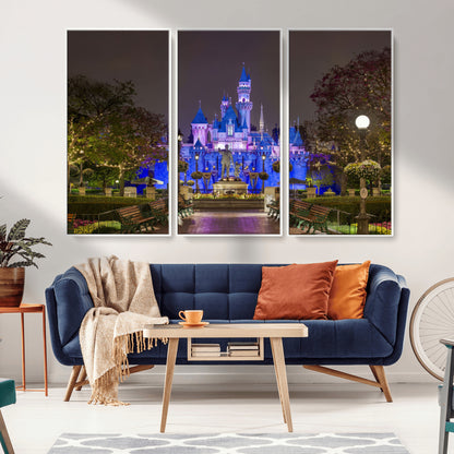 63560-MGV-FC-48X32-3P_White-Fairy Tale Castle Wall Art – Magical Night Scene Canvas Print with Lights and Gardens, Fantasy Architecture Artwork for Living