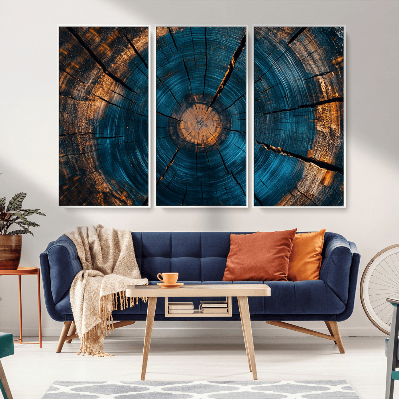 13398-MGV-CV-36X24-Tree Ring Wall Art – Abstract Wood Grain Canvas Print with Blue and Orange Accents, Rustic Nature Inspired Artwork for Living