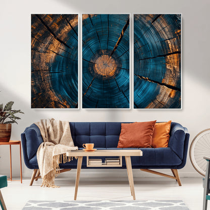 13398-MGV-CV-36X24-Tree Ring Wall Art – Abstract Wood Grain Canvas Print with Blue and Orange Accents, Rustic Nature Inspired Artwork for Living