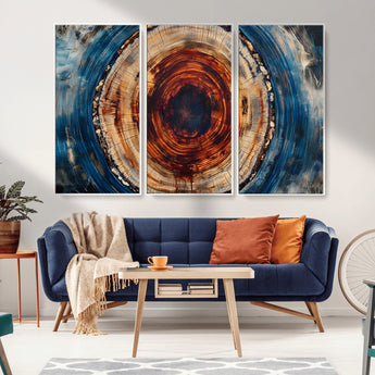90395-MGV-CV-36X24-Tree Ring Wall Art – Abstract Wood Grain Canvas Print with Fiery Red and Blue Tones, Bold Rustic Nature Inspired Artwork Decor for