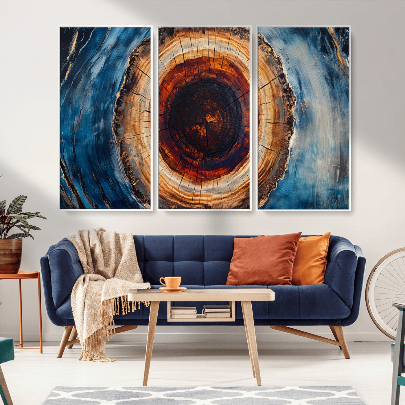 30457-MGV-FC-48X32-3P_White-Tree Ring Wall Art – Abstract Wood Grain Canvas Print with Brown and Blue Swirl, Rustic Nature Inspired Artwork for Living Room,