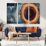 48045-MGV-CV-36X24-Tree Ring Abstract Wall Art – Rustic Wood Grain Canvas Print with Brown Center and Blue Brush Strokes, Nature Inspired Artwork for