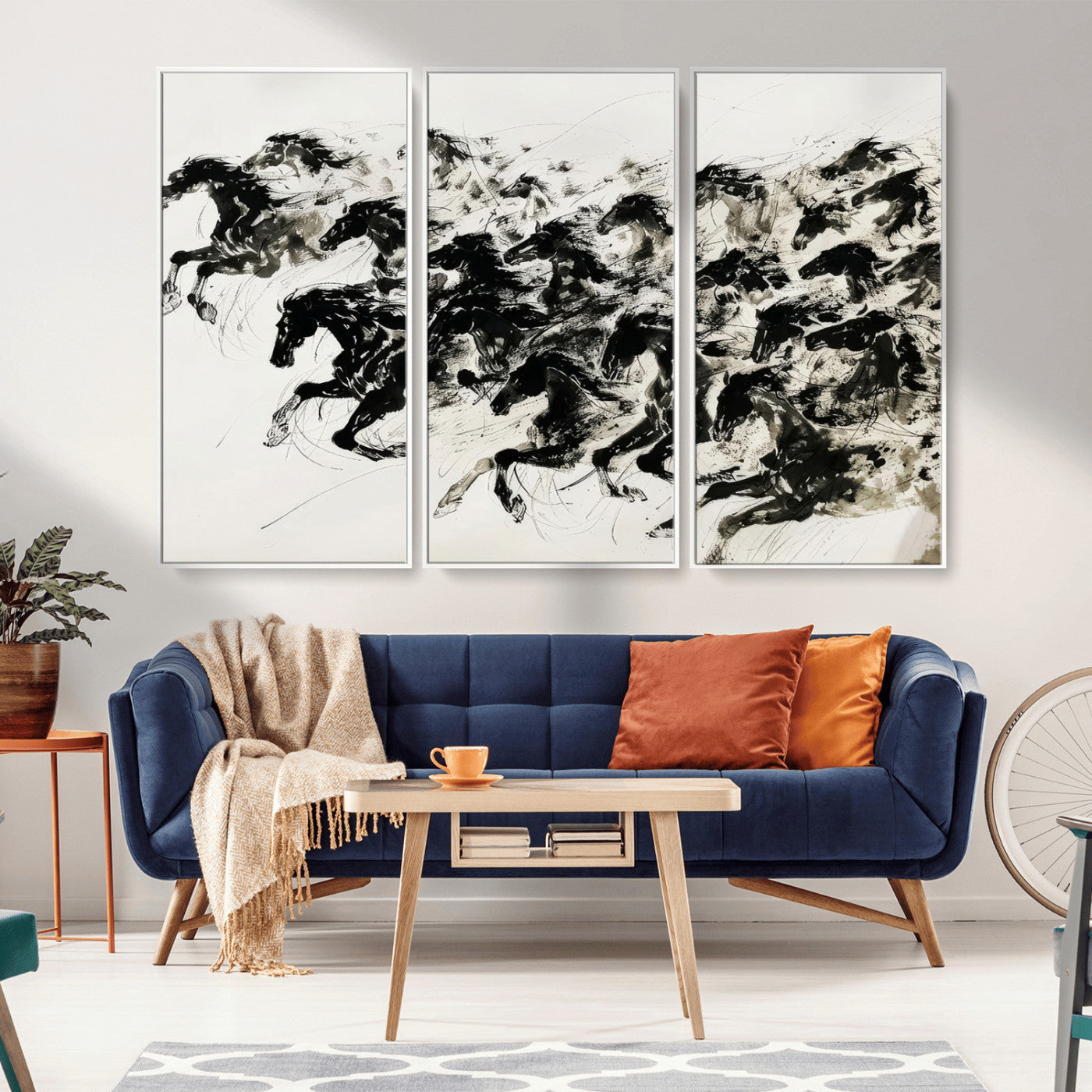 23069-MGV-CV-36X24-Galloping Horses Wall Art – Black Ink Painting on Canvas, Dynamic Equestrian Artwork with Running Stallions, Expressive Modern
