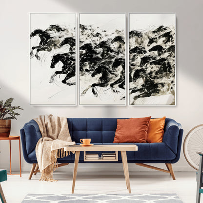 23069-MGV-CV-36X24-Galloping Horses Wall Art – Black Ink Painting on Canvas, Dynamic Equestrian Artwork with Running Stallions, Expressive Modern