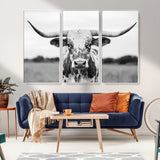 20272-MGV-FC-48X32-3P_White-Highland Cow Wall Art – Black and White Western Longhorn Canvas Print, Farmhouse Living Room Decor Southwestern Animal Artwork for