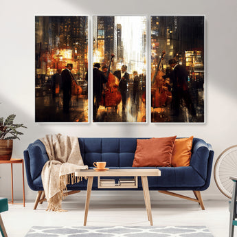 58782-MGV-CV-36X24-Jazz Musicians Cityscape Wall Art – Vibrant Urban Night Canvas Print, Elegant Music Themed Decor for Living Room, Office, or Music