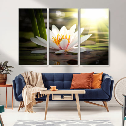 40478-MGV-CV-36X24-Water Lily Wall Art – White Lotus Flower Canvas Print with Sunlight Reflection, Serene Botanical Artwork for Living Room, Bedroom,