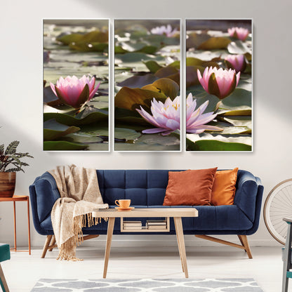 72218-MGV-CV-36X24-Water Lily Pond Wall Art – Pink Lotus Flowers Canvas Print with Green Lily Pads, Peaceful Botanical Artwork for Living Room,