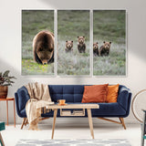 65087B-MGV-CV-36X24-Bear Family Wall Art – Wildlife Canvas Print Featuring Mother Bear with Cubs in Nature, Rustic Animal Artwork for Living Room,