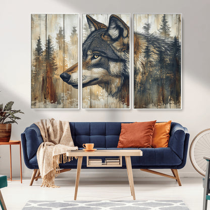 91882-MGV-CV-36X24-Wolf Wall Art – Rustic Canvas Print of Forest Wolf on Wood Background, Wildlife Lodge Artwork for Living Room, Bedroom, Cabin, or