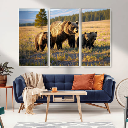 43400-MGV-CV-36X24-Bear Family Wall Art – Wildlife Canvas Print of Mother Bear with Cubs in Sunlit Meadow, Rustic Animal Artwork for Living Room,