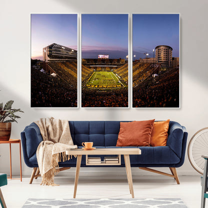 82557-MGV-CV-36X24-College Football Stadium Wall Art – Panoramic Sunset Canvas Print with Marching Band and Game Day Crowd, Sports Artwork for Man