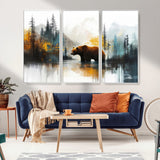 50308-MGV-FC-48X32-3P_White-Abstract Rustic Bear Wall Art – Forest and Mountain Scene Canvas Print, Nature Artwork for Modern Farmhouse or Log Cabin Decor