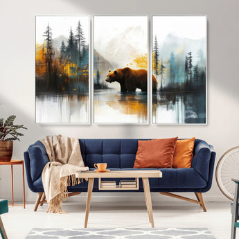 50308-MGV-FC-48X32-3P_White-Abstract Rustic Bear Wall Art – Forest and Mountain Scene Canvas Print, Nature Artwork for Modern Farmhouse or Log Cabin Decor